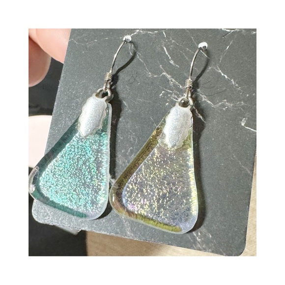 Iridescent recycled glass triangular sterling silver dangle earrings whimsical - Picture 4 of 11